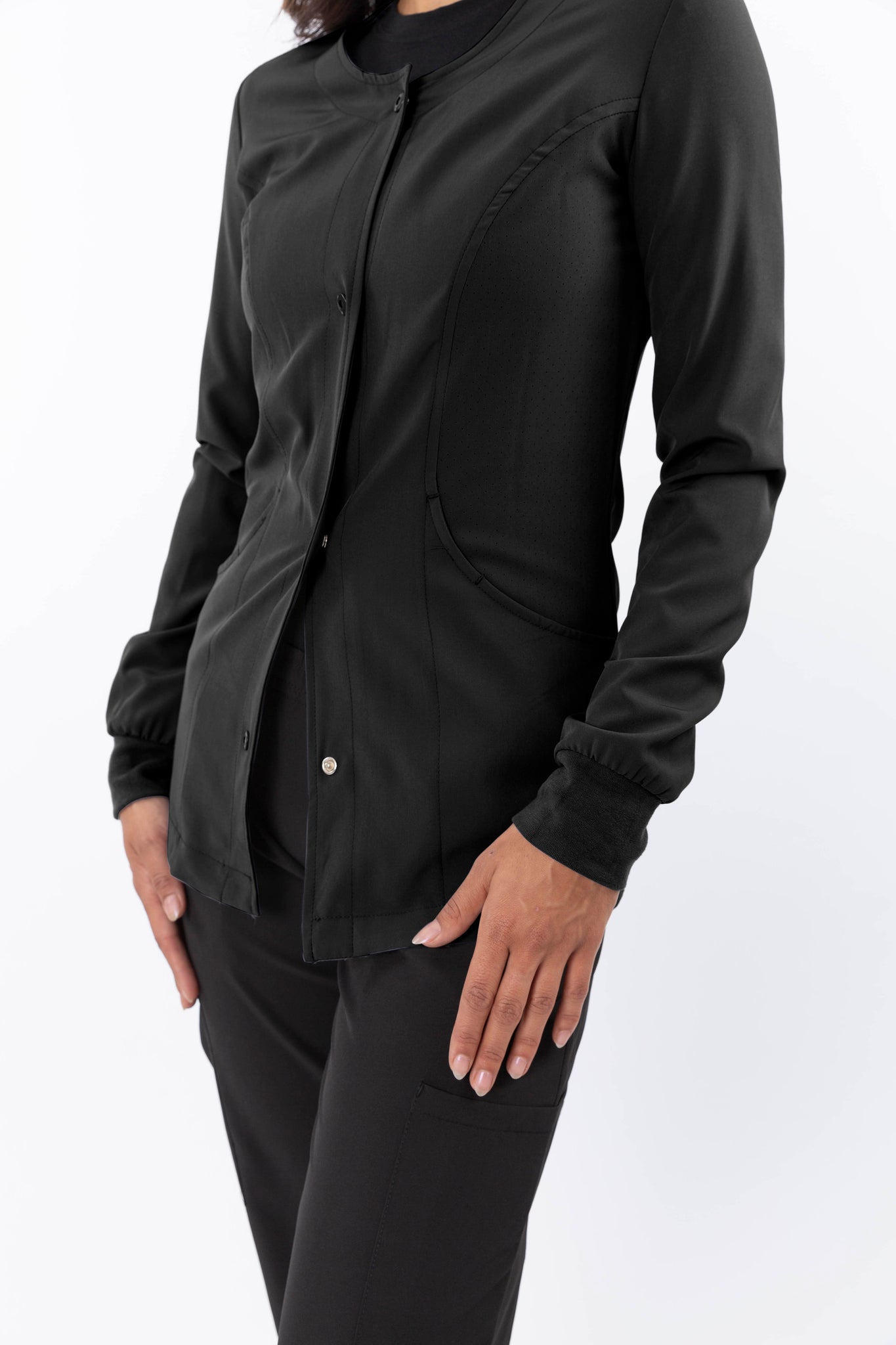 Z-445 Women's Zinnia Perforated Snap Front Solid Scrub Warm Up Jacket - Scrub Nation Canada
